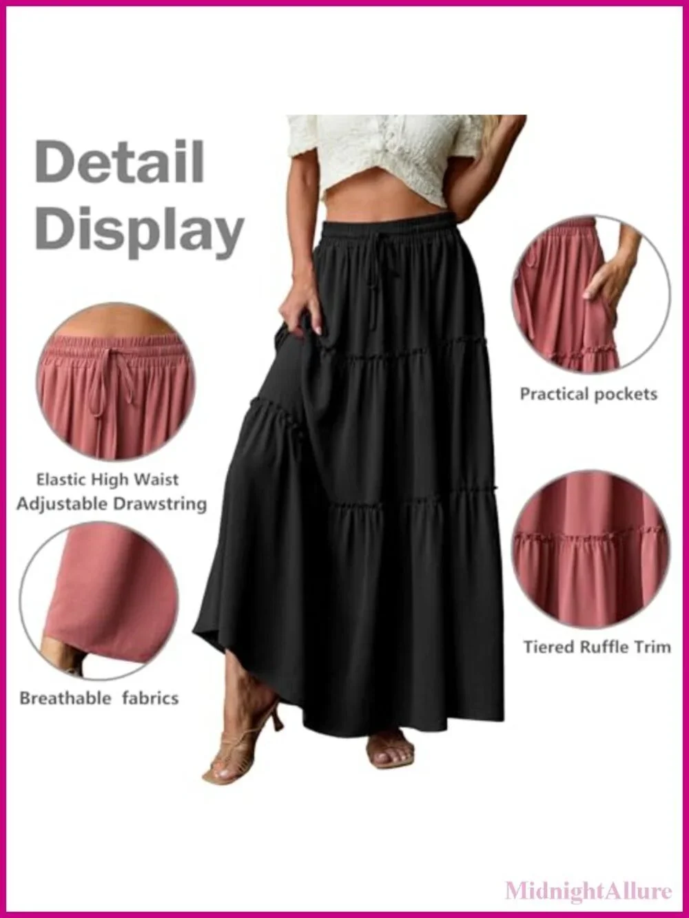 High Waisted Flowy Maxi Skirt Tiered Ruffle Hem with Pockets Boho